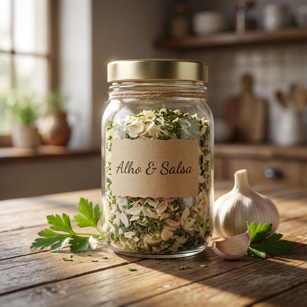 Pote de vidro com Alho e Salsa